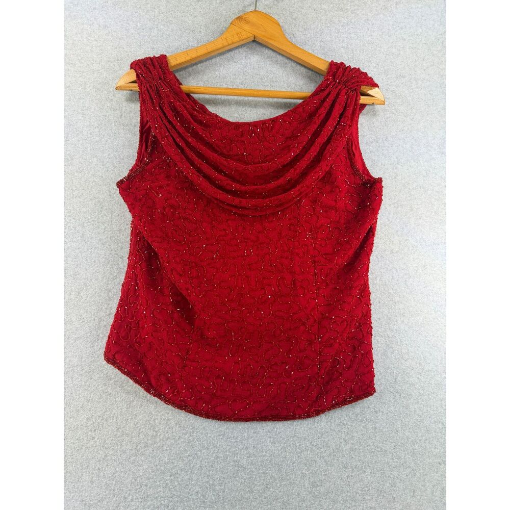 Dressbarn Collection Red Beaded Cowl Neck Sleeveless Evening Top L 3531